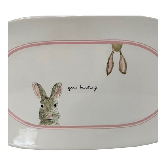 Rae Dunn GONE HUNTING Easter Bunny Rabbit Platter Kitchen White Pink New Spring - Picture 2 of 11